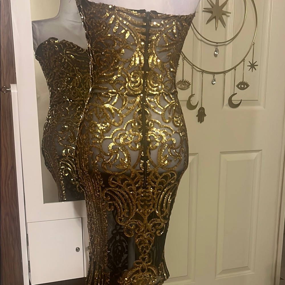 Gold Bodycon Knee-Length Strapless Sequin see through Cocktail Dress - Picture 9 of 14